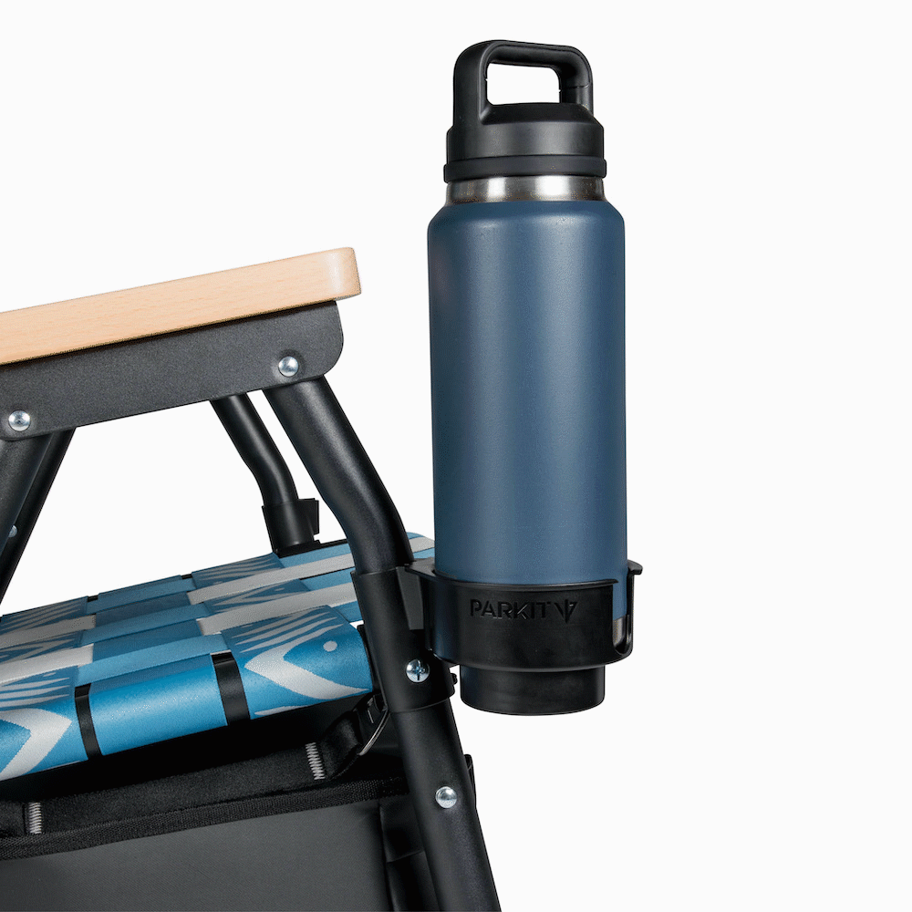 A Rotating Gif showing the different levels of functionality of the voyager outdoor chair cupholder.